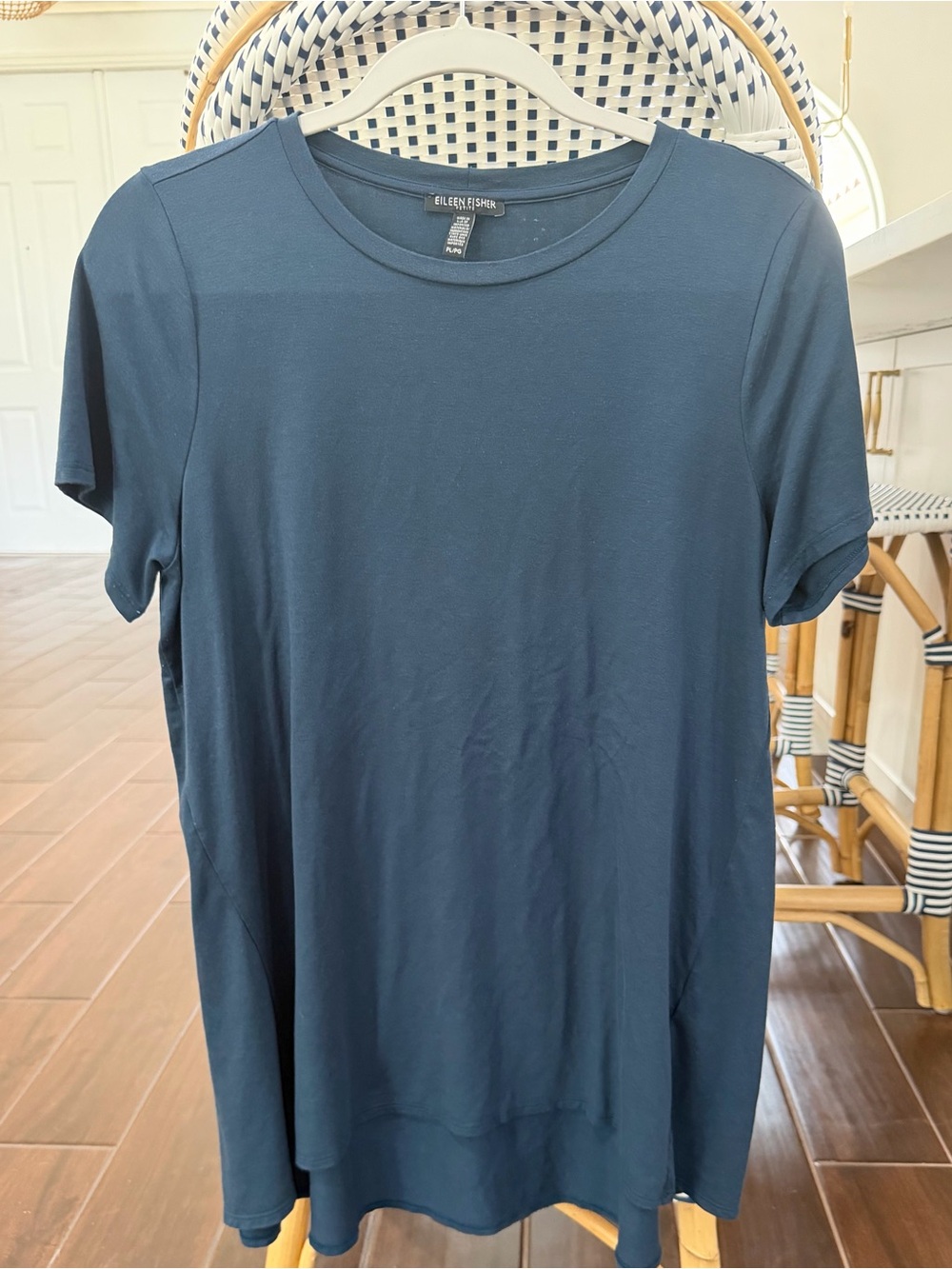 Eileen Fisher Tencel Spandex Short Sleeve Crew Neck Top Blue Petite Large